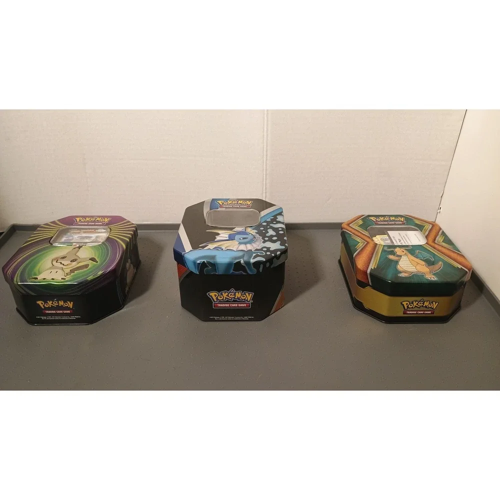 Pokemon TCG Tins Lot 3 Mimikyu Vaporeon Dragonite Assortment of Trading Cards
